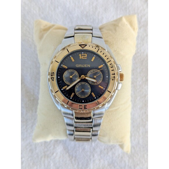 Gruen GU331M Mens Watch Chronograph Stainless Steel Day Date 24-hr w NEW BATTERY main image 8